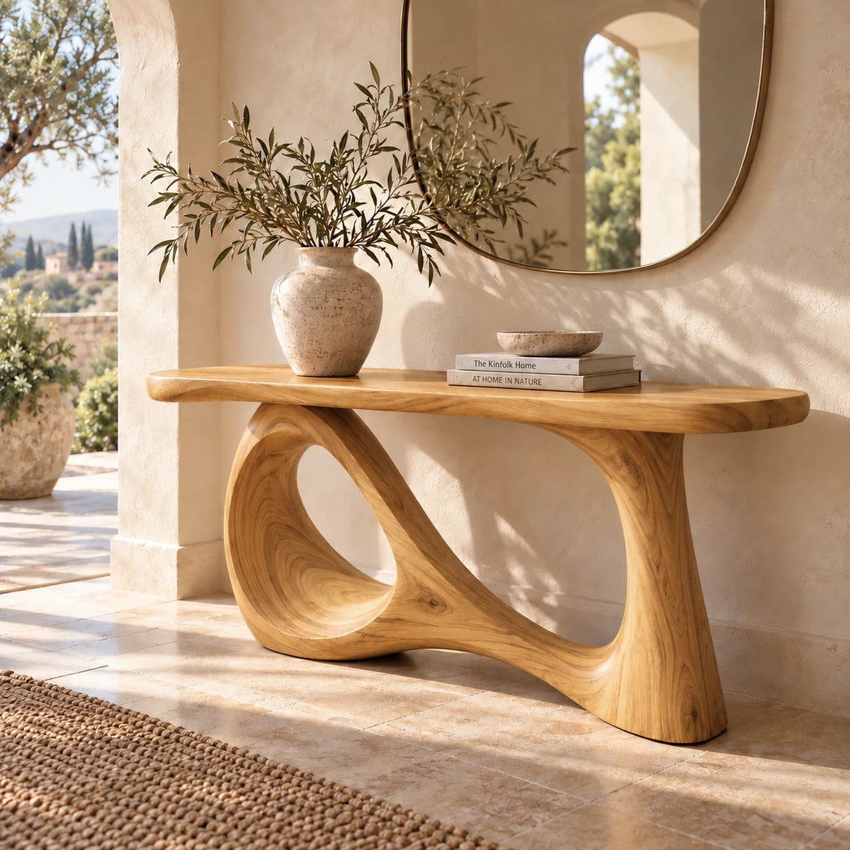 Wood Sofa Table with Open-Ring and Column Ribbon Pedestal, Oval Slab Top - Woodenecho