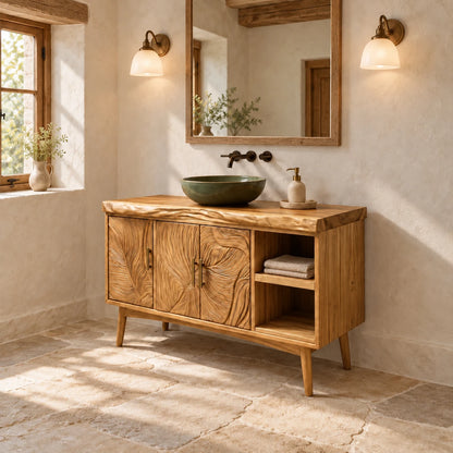 Wood Vanity with Live-Edge Slab Top, Three Swirl-Carved Doors on Tapered Legs - Woodenecho - 10