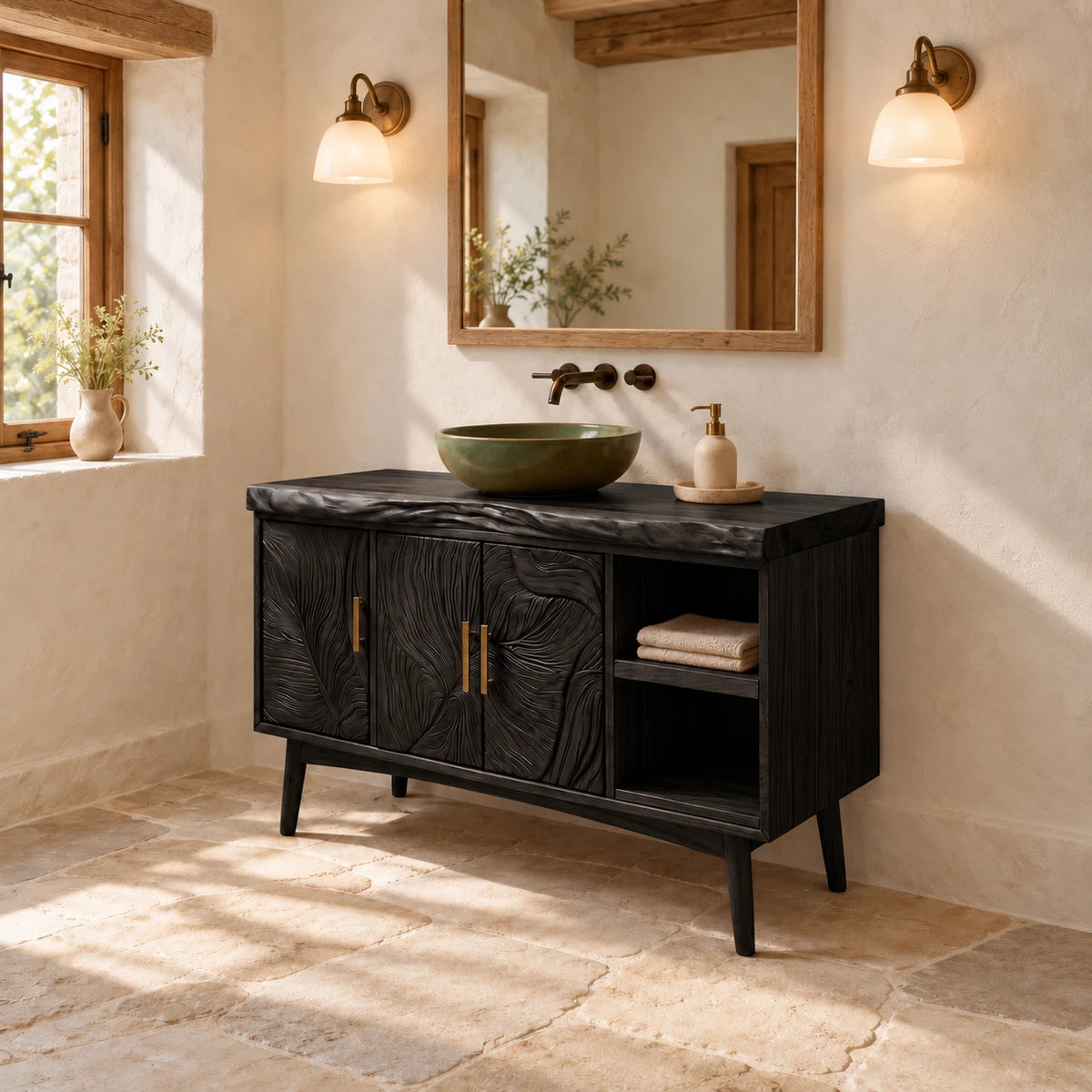 Wood Vanity with Live-Edge Slab Top, Three Swirl-Carved Doors on Tapered Legs - Woodenecho - 11