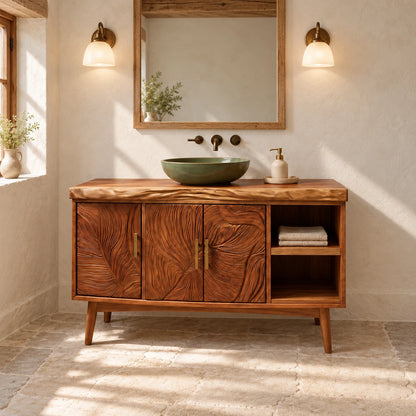 Wood Vanity with Live-Edge Slab Top, Three Swirl-Carved Doors on Tapered Legs - Woodenecho - 2