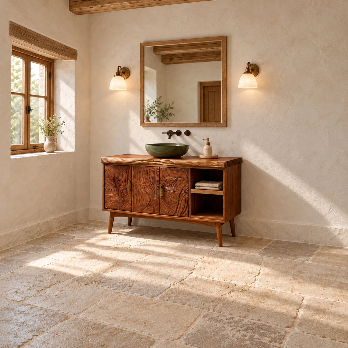 Wood Vanity with Live-Edge Slab Top, Three Swirl-Carved Doors on Tapered Legs - Woodenecho - 3