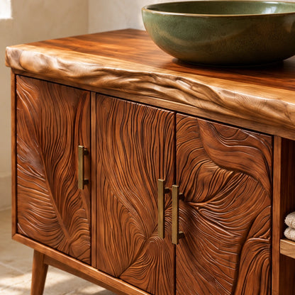 Wood Vanity with Live-Edge Slab Top, Three Swirl-Carved Doors on Tapered Legs - Woodenecho - 4