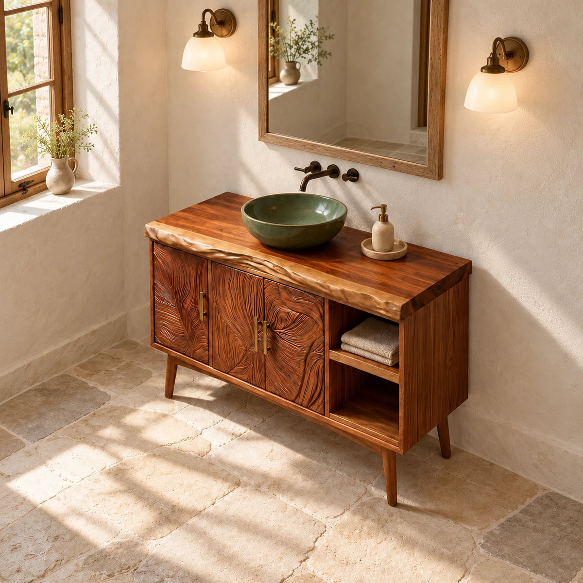Wood Vanity with Live-Edge Slab Top, Three Swirl-Carved Doors on Tapered Legs - Woodenecho - 5