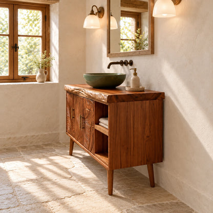 Wood Vanity with Live-Edge Slab Top, Three Swirl-Carved Doors on Tapered Legs - Woodenecho - 6