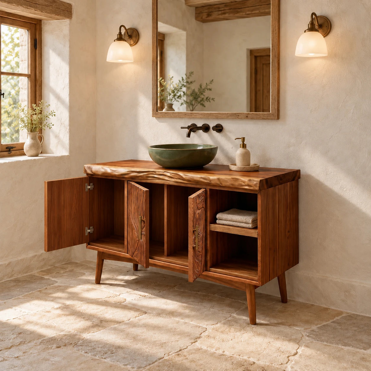 Wood Vanity with Live-Edge Slab Top, Three Swirl-Carved Doors on Tapered Legs - Woodenecho - 7