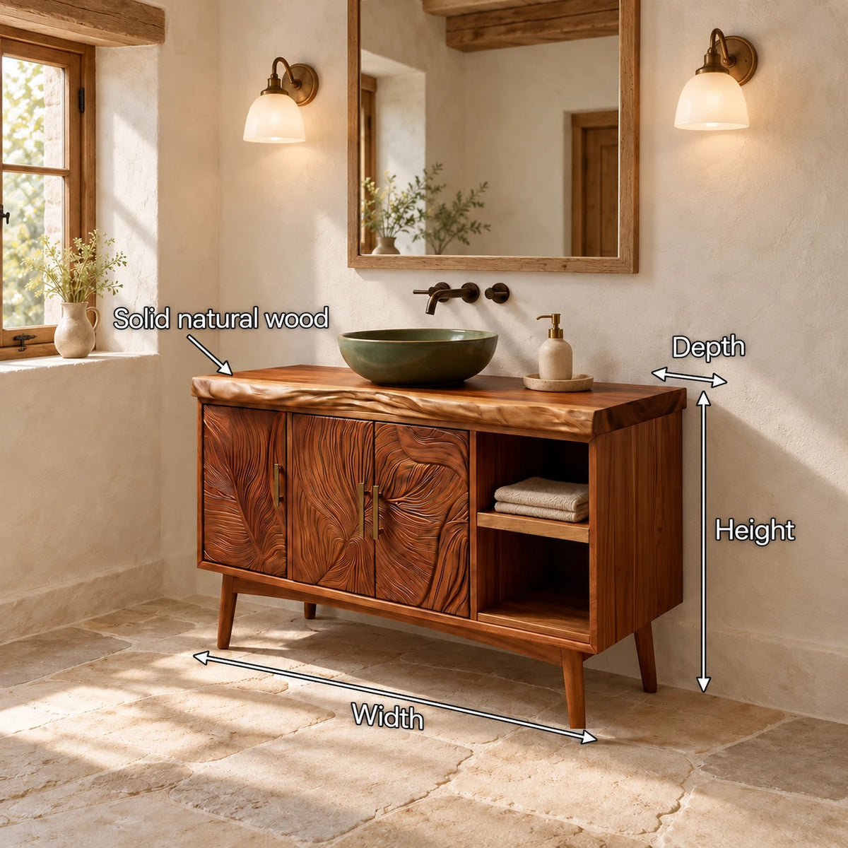 Wood Vanity with Live-Edge Slab Top, Three Swirl-Carved Doors on Tapered Legs - Woodenecho - 8
