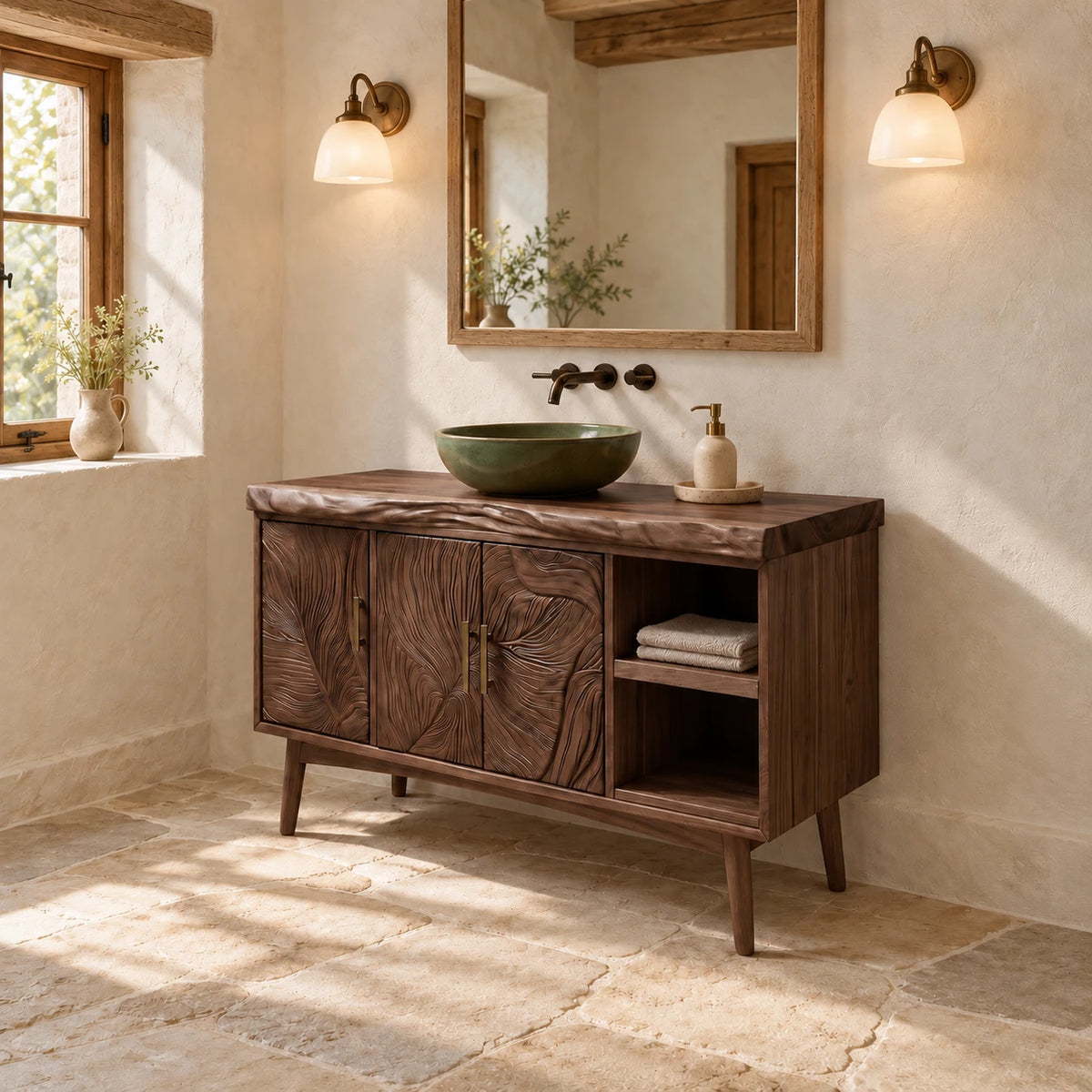 Wood Vanity with Live-Edge Slab Top, Three Swirl-Carved Doors on Tapered Legs - Woodenecho - 9