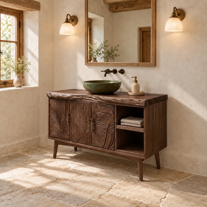 Wood Vanity with Live-Edge Slab Top, Three Swirl-Carved Doors on Tapered Legs - Woodenecho - 9